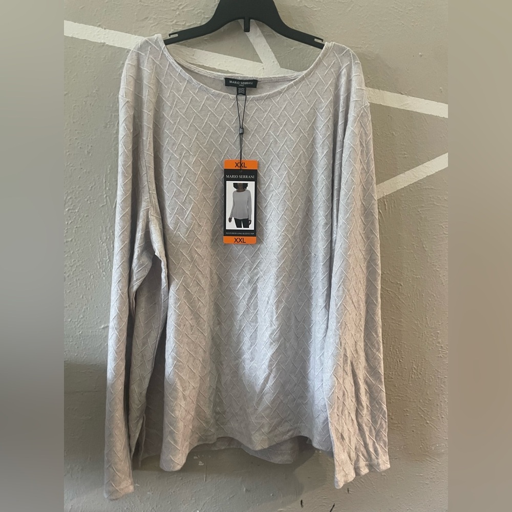 Mario Serrani Light Gray Textured Scoop Neck Long Sleeve Top
